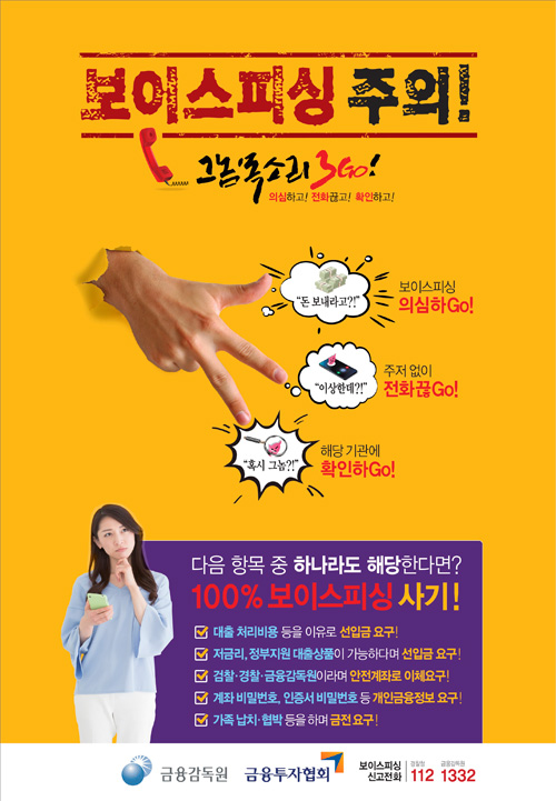 보이스피싱 주의
그놈목소리 3Go!
의심하고! 전화끊고! 확인하고!

'돈 보내라고?'
보이스피싱 의심하Go!
'이상한데?!' 
주저 없이 전화끊Go!
'혹시 그놈?'
해당기관에 확인하Go!

다음 항목 중 하나라도 해당한다면? 100% 보이스피싱 사기! 
- 대출 처리비용 등을 이유로 선입금요구! 
- 저금리, 정부지원 대출상품이 가능하다며 선입금 요구!
- 검찰·경찰·금융감독원이라며 안전계좌로 이체요구구! 
- 계좌비밀번호, 인증서 비밀번호 등 개인금융정보 요구! 
- 가족 납치·협박 등을 하며 금전요구!

금융감독원 금융투자협회 
보이스피싱 신고전화 
검찰청112 금융감독원1332