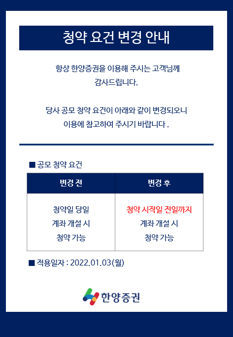 청약 요건 변경 안내
항상 한양증권을 이용해주시는 고객님께 감사드립니다.
당사 공모 청약 요건이 아래와 같이 변경되오니 이용에 참고하여 주시기 바랍니다.
■ 공모 청약 요건에 대한 안내는 위의 테이블을 참조하시기 바랍니다.
■ 적용일자: 2022.01.03(월)
한양증권