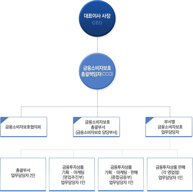 소비자보호 조직은 대표이사 사장아래 금융소비자보호 총괄책임자(CCO)를 지정하며, 그 아래 금융소비자보호협의회,금융소비자보호 총괄부서(금융소비자보호 담당부서), 부서별 금융소비자보호 업무담당자를 두게됩니다. 금융소비자보호협의회 아래는 총괄부서 업무담당자2인,금융투자상품 기획·마케팅(영업추진부) 업무담당자1인,금융투자상품 기획·마케팅·판매(종합금융부) 업무담당자1인, 금융투자상품 판매(각 영업점) 업무담당자 1인을 지정합니다.